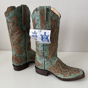 Tanner Mark Turquoise Inlay Boots Womens 8 Western Cowgirl Rustic Rodeo Country